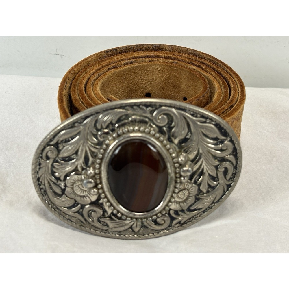 Vtg Tooled Brown Leather Belt With Heavy Belt Buckle Agate Western Men's 41"-48"